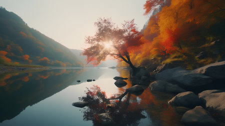 Autumn landscape with river and trees at sunset. 3d renderの素材