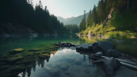 Beautiful alpine lake in the mountains with rocks and reflection in waterの素材
