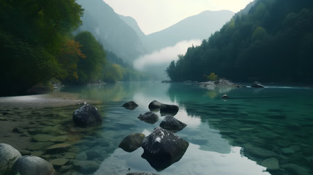 Mountain lake with rocks and fog in the morning, Abkhaziaの素材