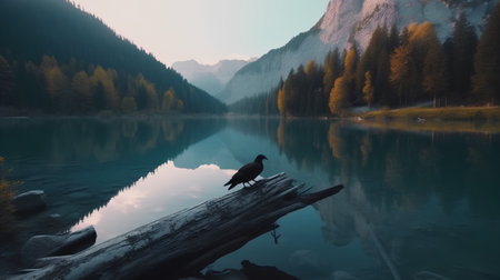 Crow on a log in the middle of a lake surrounded by mountainsの素材