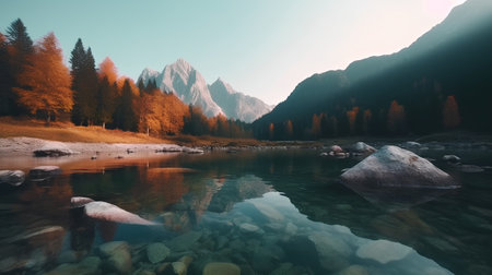 Mountain lake in the Dolomites at sunrise, Italy.の素材