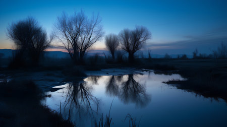 Reflection of trees in the river. Evening landscape. Ukraine.の素材