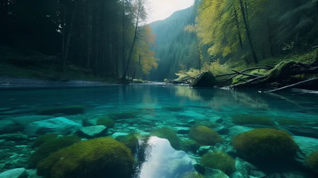 Mountain river with clear water in the middle of forest and rocksの素材