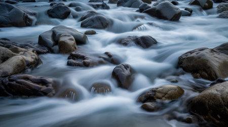 Long exposure of water flowing over rocks in a stream, long exposureの素材