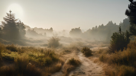 Mysterious foggy morning in the autumn forest. Color toningの素材