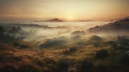 Foggy sunrise in the mountains. Landscape with fog.の素材