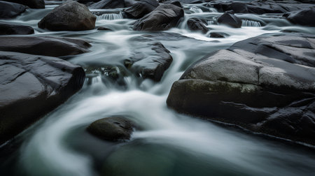 Long exposure of a waterfall flowing over rocks at low tide, long exposureの素材