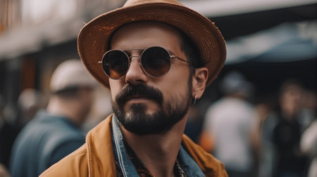 Portrait of a handsome hipster man in a hat and sunglassesの素材