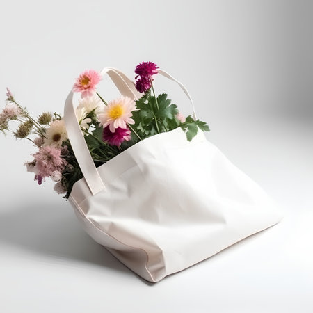 White bag with flowers on a white background. No plastic bag.の素材