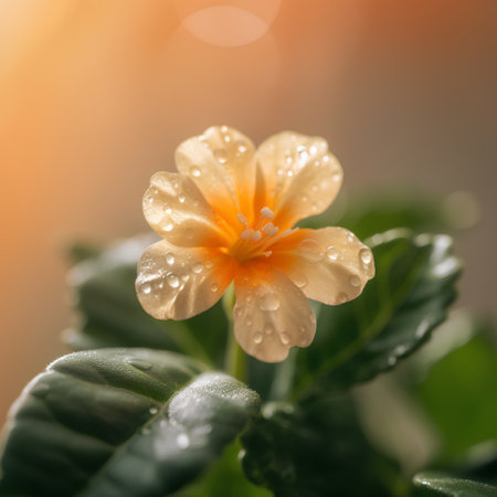 Beautiful yellow primrose flower with water drops on blurred background.の素材