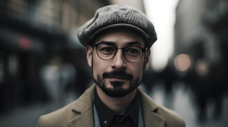 Portrait of a handsome hipster man in a hat and glassesの素材
