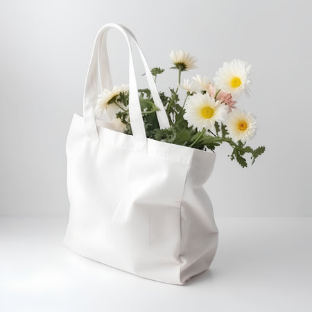 White bag with chrysanthemum flowers on a white backgroundの素材