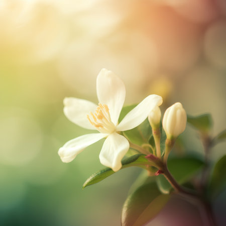 White jasmine flowers on blurred nature background with bokehの素材