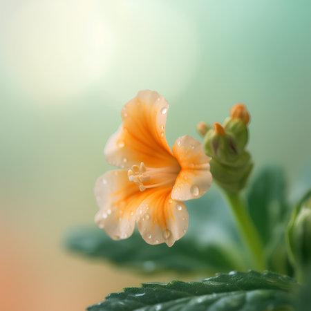 Beautiful yellow primula flower with water drops on green background.の素材