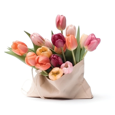 Bouquet of tulips in paper bag isolated on white background cutoutの素材