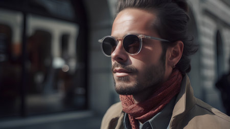 Portrait of a handsome young man wearing sunglasses and red scarf.の素材