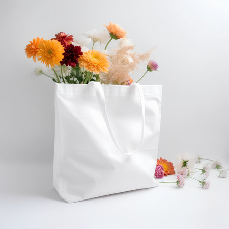 White paper bag with a bouquet of flowers on a white backgroundの素材