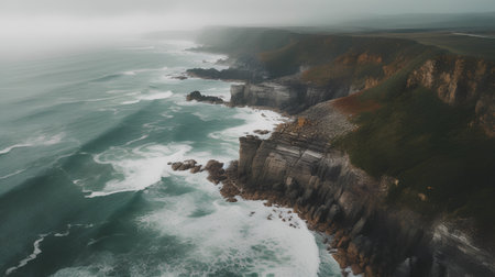 Aerial view of cliffs and ocean in fog. Beautiful seascape.の素材