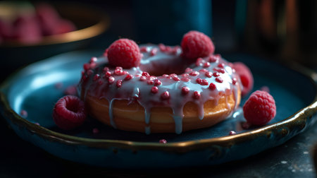 Donut with glaze and fresh raspberries, selective focusの素材