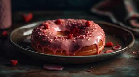 Donut with pink glaze and raspberries on a dark backgroundの素材