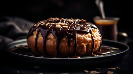 Chocolate glazed donut with chocolate glaze on dark backgroundの素材