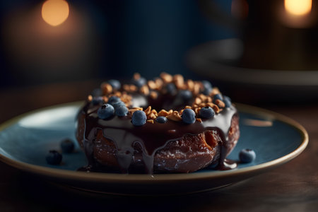 Chocolate donut with blueberries and nuts on a blue plateの素材