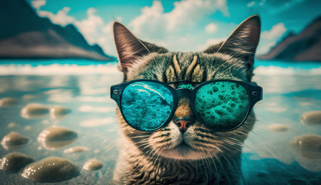 Cute cat with sunglasses on the background of the sea. Toned.の素材