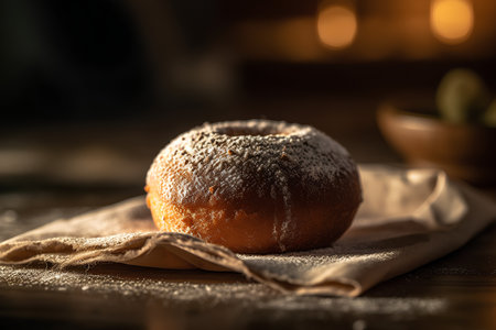 Fresh homemade donut with poppy seeds and powdered sugar on wooden backgroundの素材