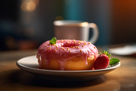 Donut with pink glaze and fresh strawberries on a dark backgroundの素材