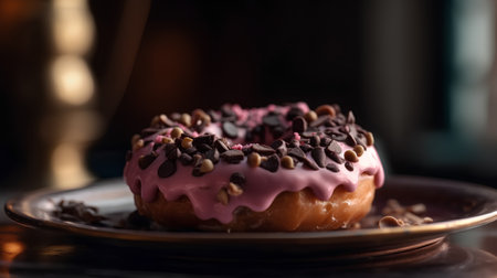 Donut with pink glaze and chocolate chips on a dark background.の素材