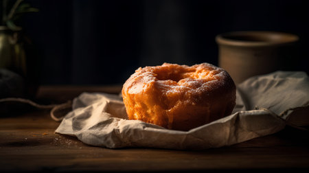 Cupcake sprinkled with powdered sugar on a wooden background. Toned.の素材