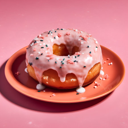 Donut with pink glaze and sprinkles on a pink backgroundの素材