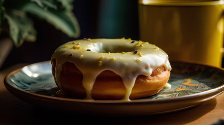 Donut with white glaze on a plate. Selective focus.の素材