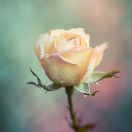 Beautiful yellow rose with water drops on petals on blurred backgroundの素材