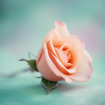 Beautiful pink rose on turquoise background. Soft focus.の素材