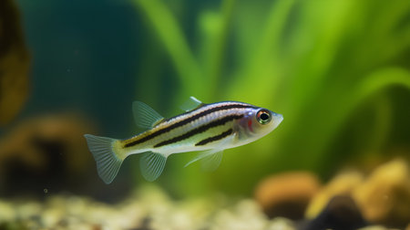 aquarium fish close up in the water on a background of green plantsの素材