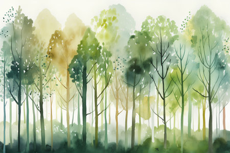 Watercolor forest seamless pattern. Hand painted watercolor illustration with trees.の素材