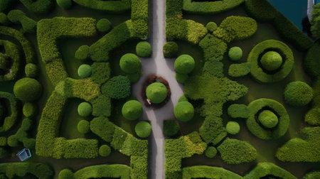 Aerial view of beautiful green garden with path. Top view.の素材