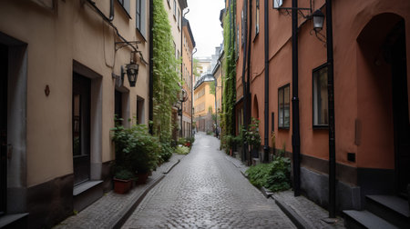 Narrow street in Stockholm, Sweden. Stockholm is the capital and largest city of Sweden.の素材
