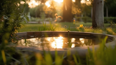 Water fountain in the garden at sunset. Shallow depth of field.の素材