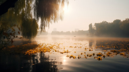 Autumn landscape with lake and trees in the foggy morning.の素材