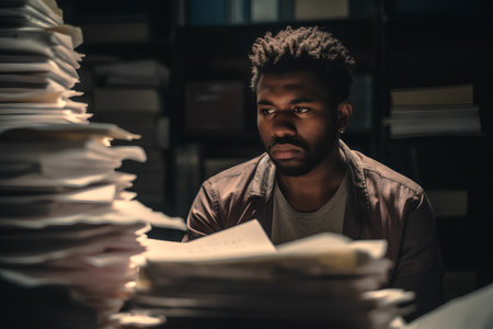 Portrait of young African-American man reading a book in the libraryの素材