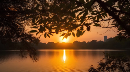 Sunset over the lake in the park with tree branches and reflectionの素材