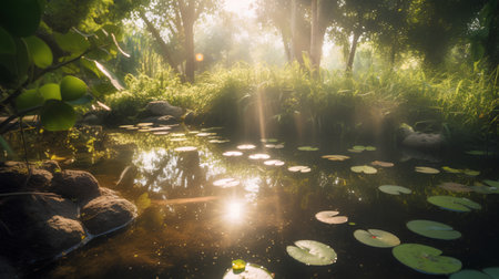 Reflection of sunlight in the pond with water lily pads.の素材