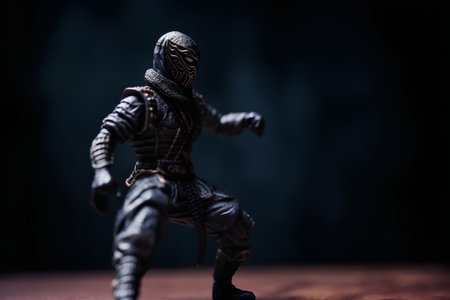 Medieval knight toy figure on dark background. Selective focus.の素材