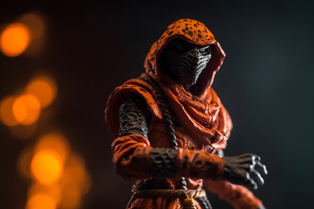 Halloween figure in orange costume on dark background with bokehの素材