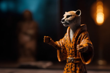 Cheetah figurine in front of a dark background with copy spaceの素材