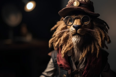 Vintage portrait of a lion dressed as a pirate with hat and glassesの素材