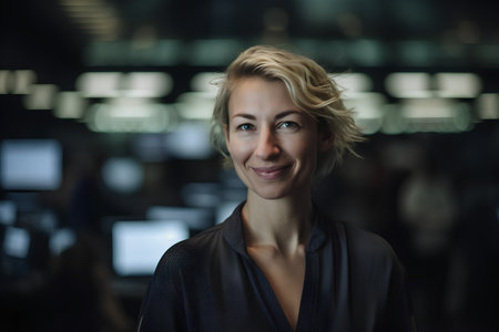 Portrait of smiling businesswoman standing in office, looking at camera.の素材