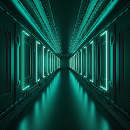 Futuristic corridor with glowing neon lights, 3d rendering abstract backgroundの素材